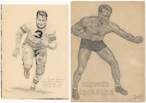 Lot of (2) Original Pencil and Charcoal Drawings of Bronko Nagurski from his Personal Collection (Nagurski Family LOA) 